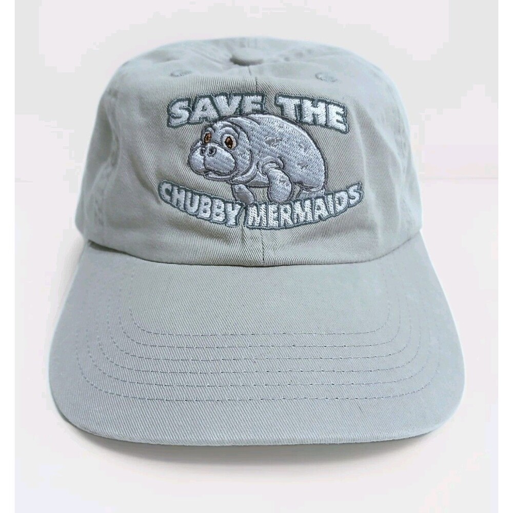 Save The Chubby Mermaids Manatee Adjustable Gray Strap Back Hat Florida